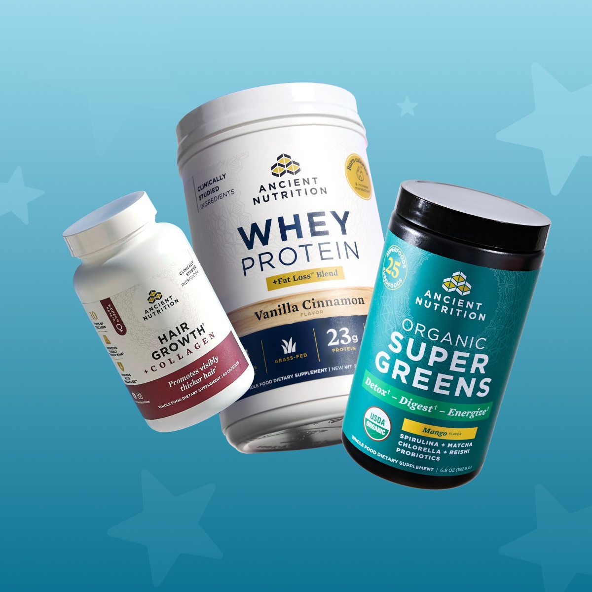 Whey Protein Fat loss, Hair growth collagen, and organic supergreens mango