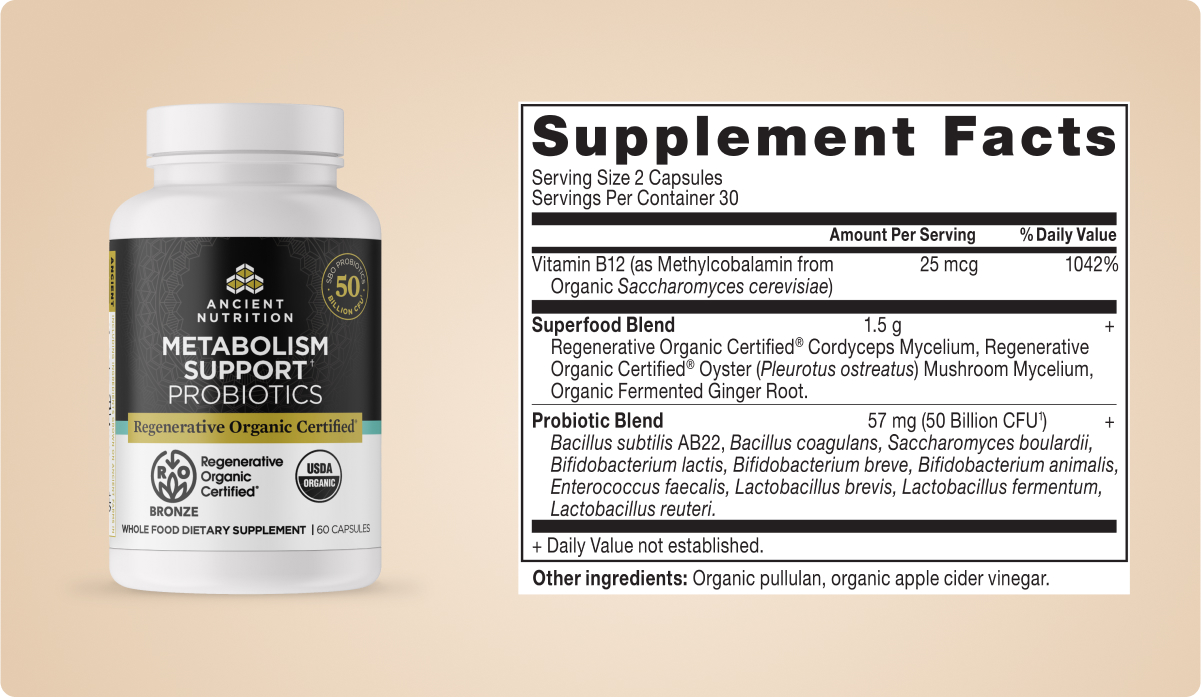 Regenerative Organic Certified® Metabolism Support Probiotics Supplement label