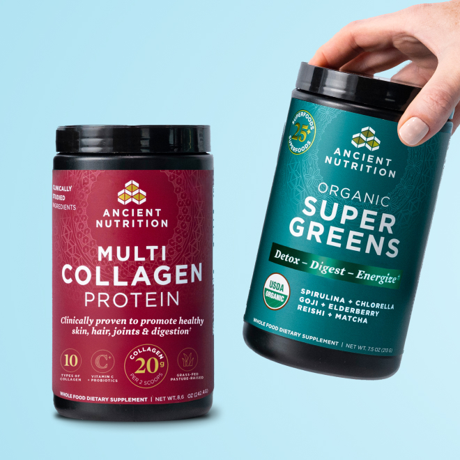 a bottle of multi collagen protein powder and a bottle of organic supergreens powder on a teal background