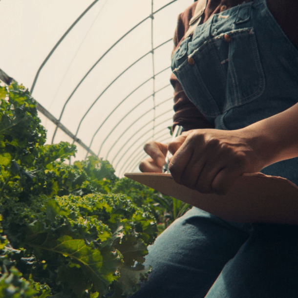 researcher in greenhouse with clipboard and pen