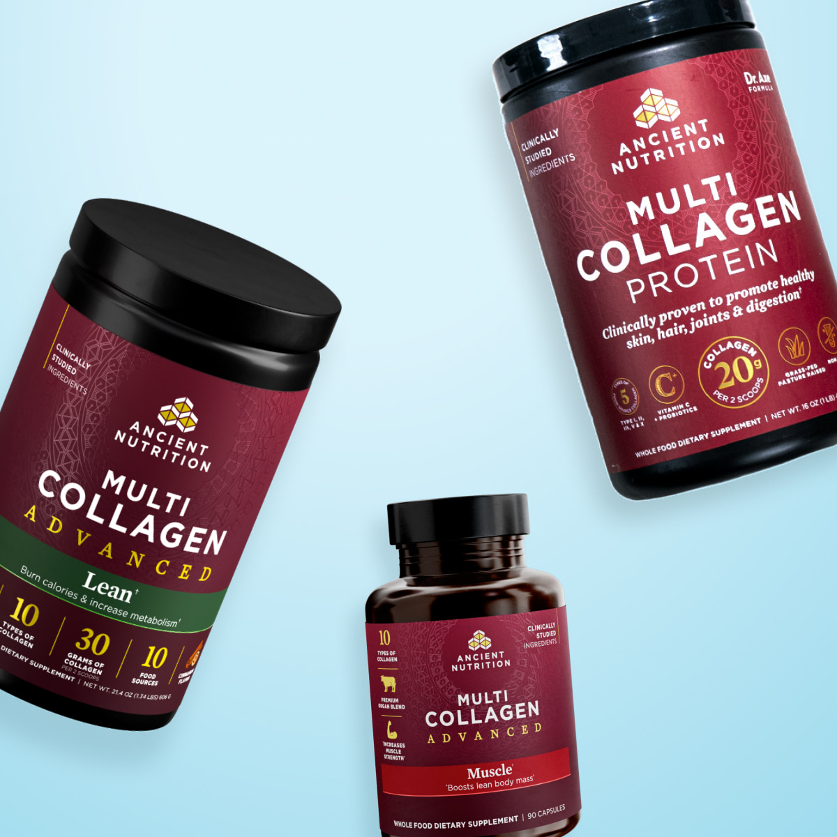 Three collagen products with a blue background