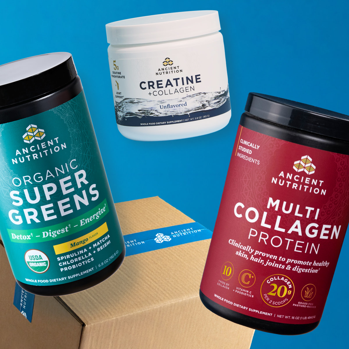 supergreens mango, creatine, and multi collagen with box 