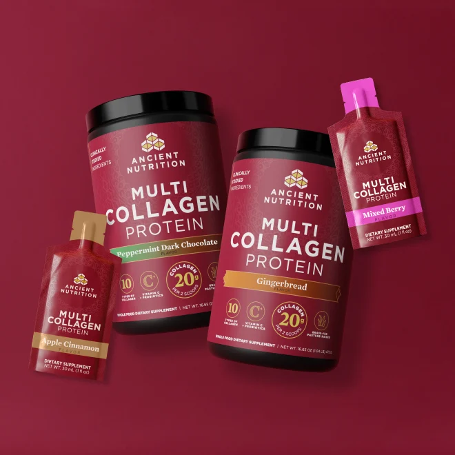 4 ancient nutrition items on a red background 