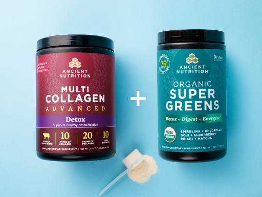 Containers of Ancient Nutrition Multi Collagen Advanced and Organic SuperGreens on a blue background with a scoop full of powder