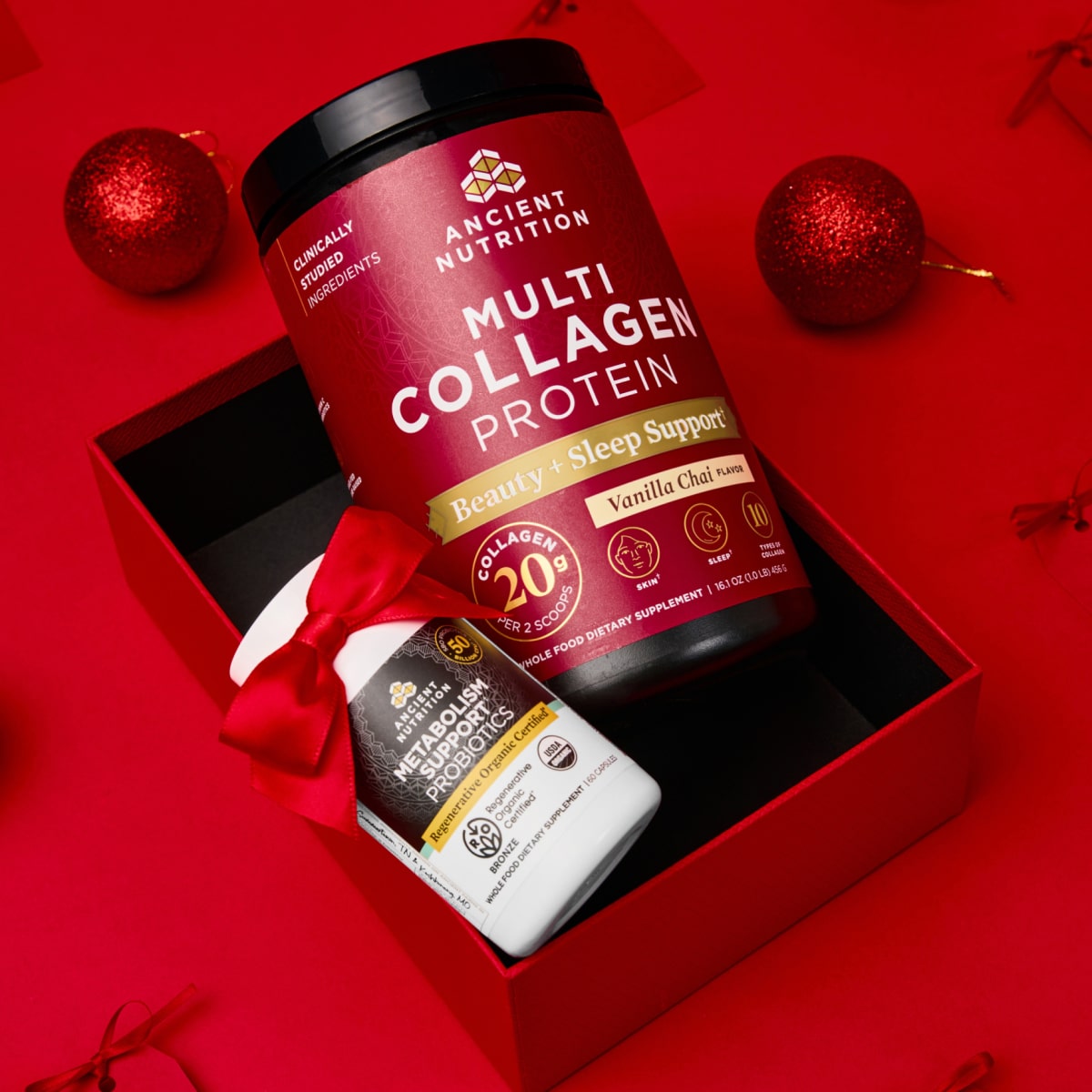 Multi Collagen Protein Beauty+ Sleep Support with Metabolism Support Probiotics in a red box