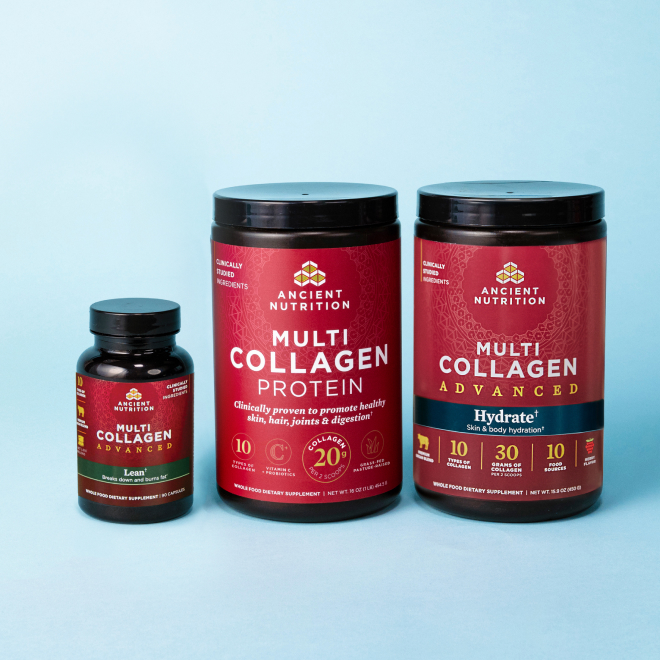 Bottles of Ancient Nutrition Multi Collagen Advanced Lean Capsules, Multi Collagen Protein Powder, and Multi Collagen Advanced Hydrate on a blue background.