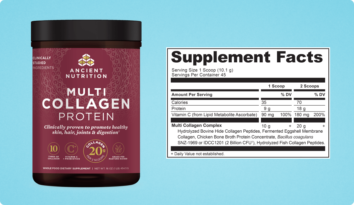 Mutli Collagen Protein Powder bottle and supplement label