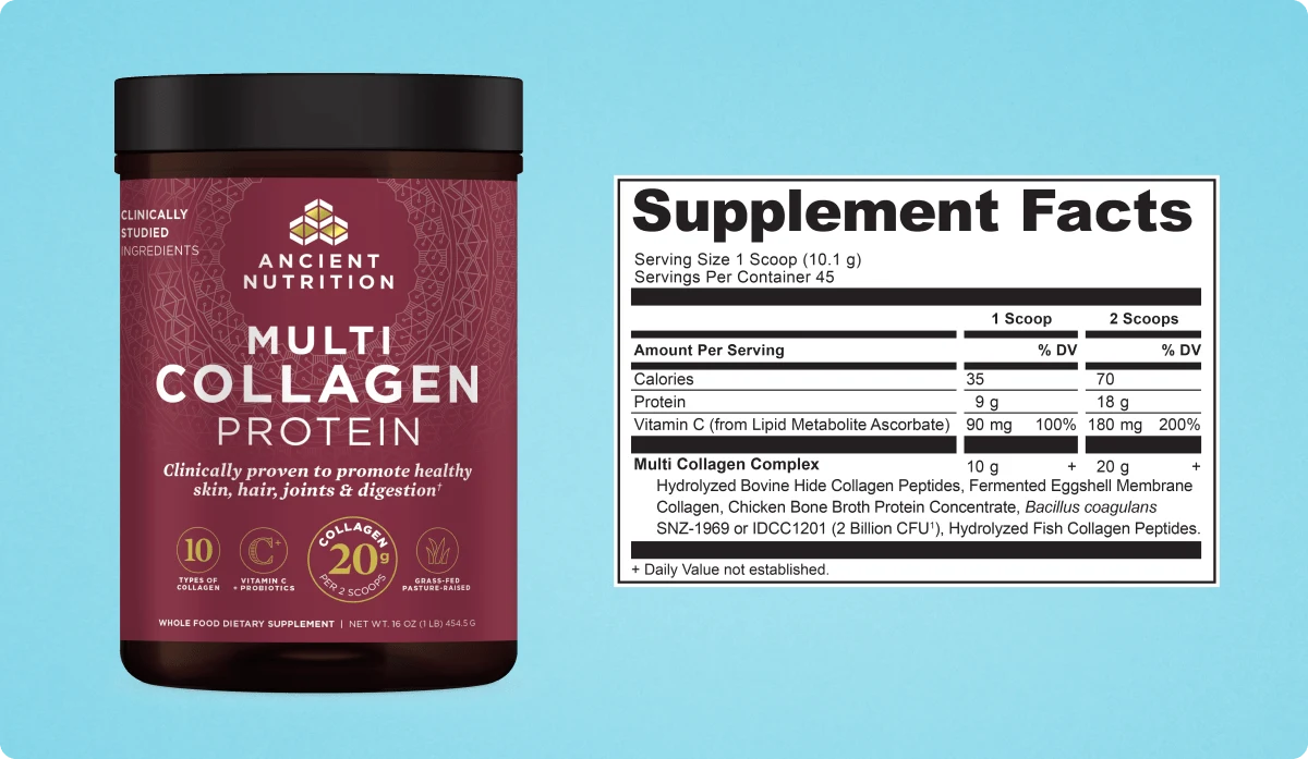 Multi Collagen Protein Powder bottle and supplement label