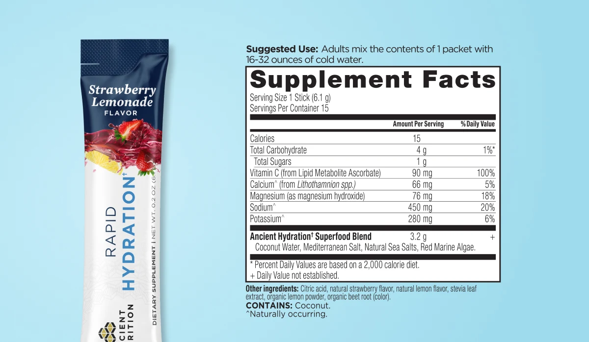 Rapid Hydration Raspberry Lemonade supplement facts label
