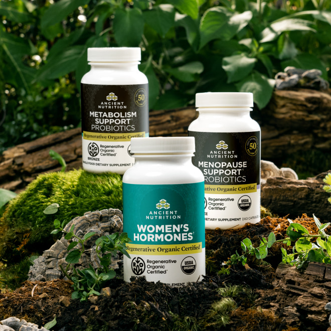 regenerative certified organic products on a mossy log