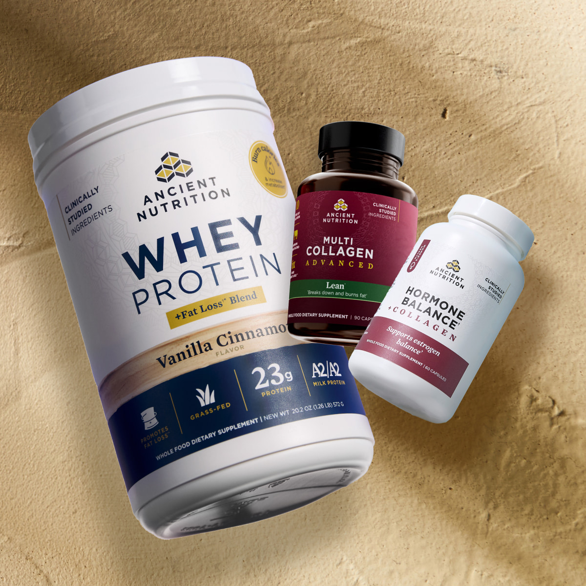 Whey + Fat Loss, Multi Collagen Lean capsules, and Hormone Balance Capsules