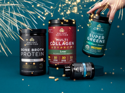 Bone Broth Protein, Multi Collagen Advanced Lean and Organic Supergreens Mango + SBO Probiotics with fireworks. 