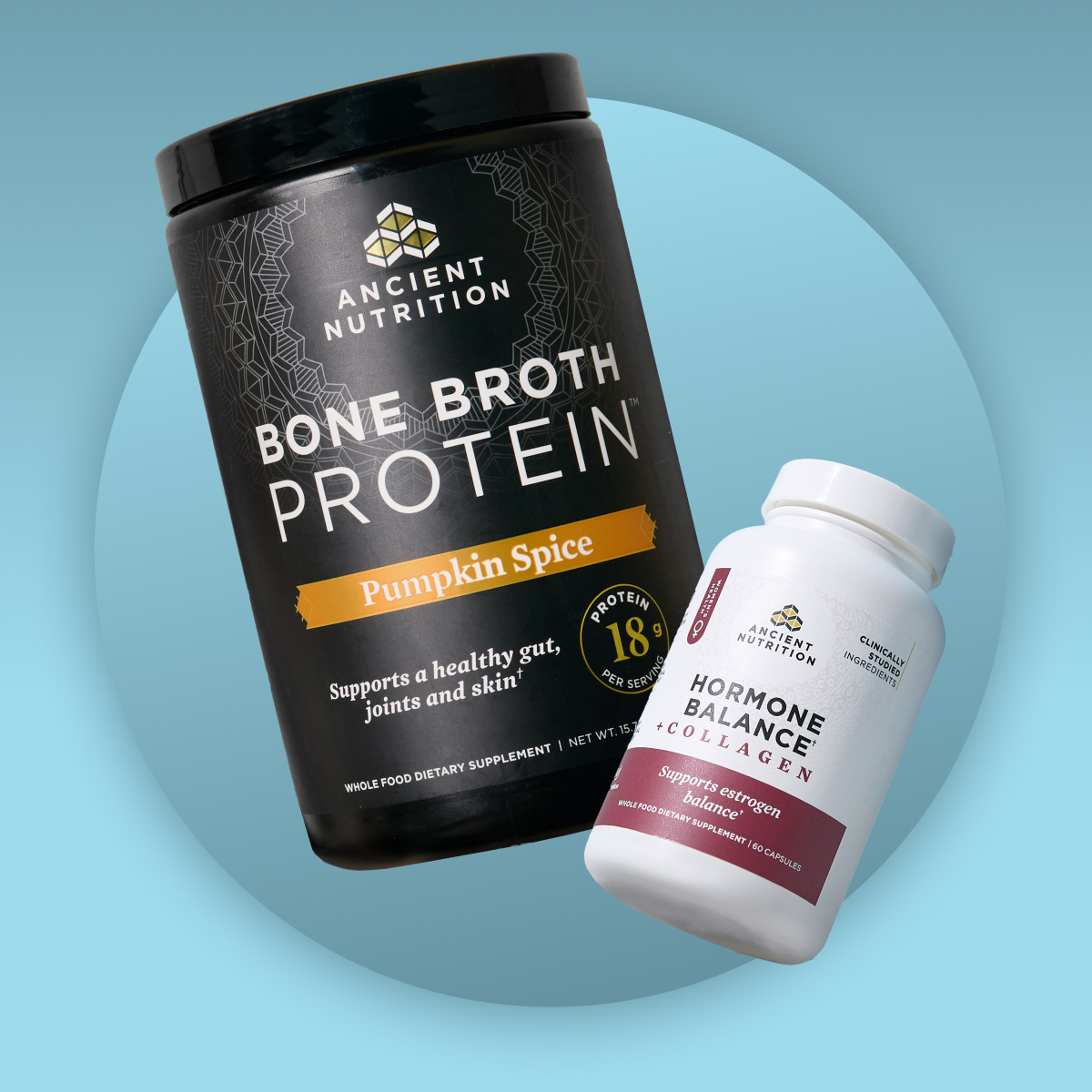 Bone Broth Protein Pumpkin Spice & Hormone Balance with blue background
