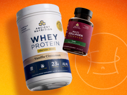 bottle of multi collagen advanced capsules and whey protein on an orange background