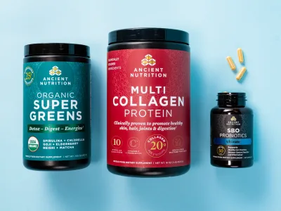 3 bottles of ancient nutrition products on a teal background
