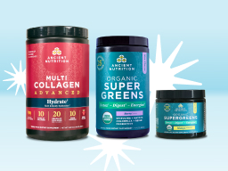 Containers of Ancient Nutrition Multi Collagen Advanced Hydrate and New Organic SuperGreens Mango and Berry on a blue background with white firework images.