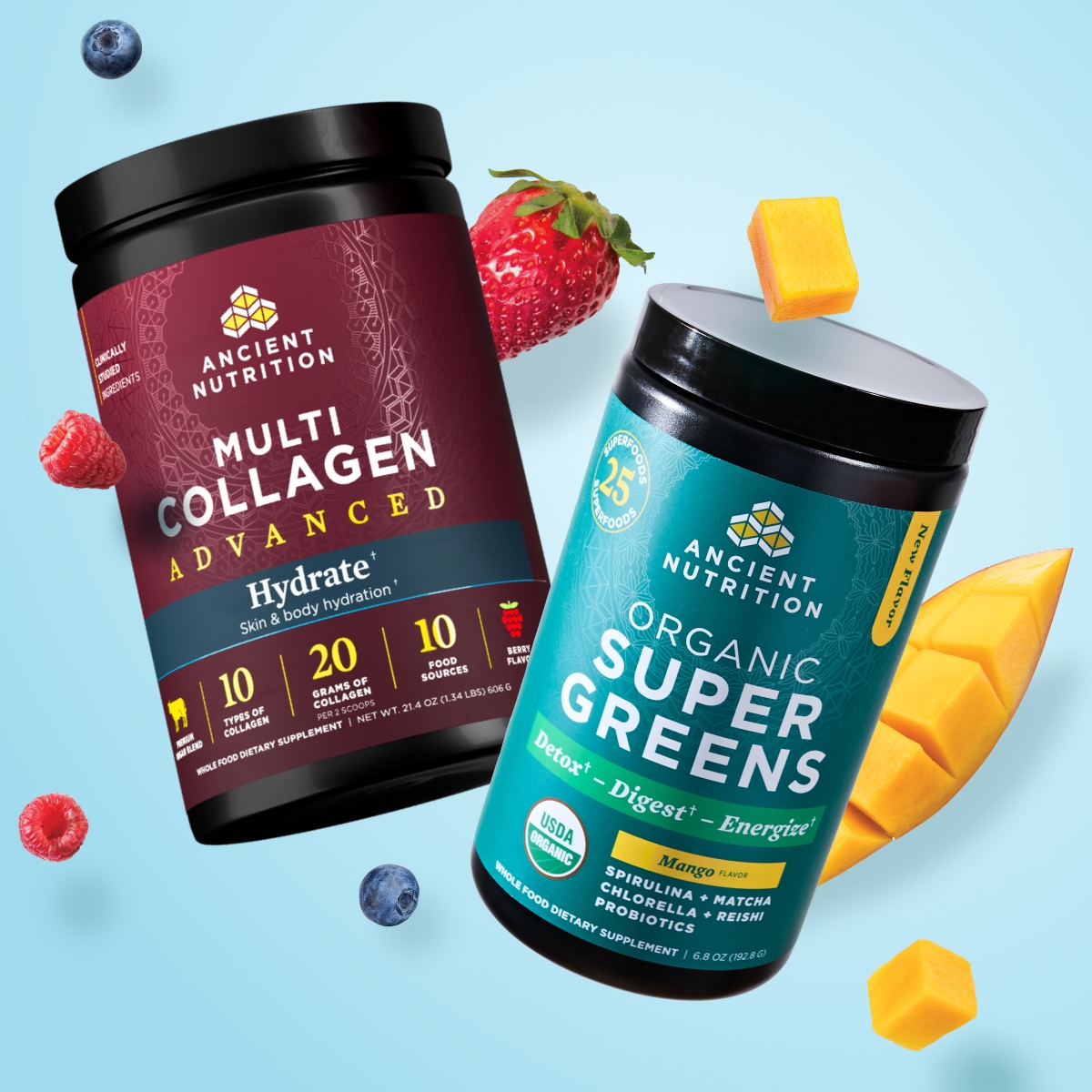 Containers of Ancient Nutrition Multi Collagen Advanced Hydrate and New Organic SuperGreens Powder Mango with berries and mango chunks on a blue background