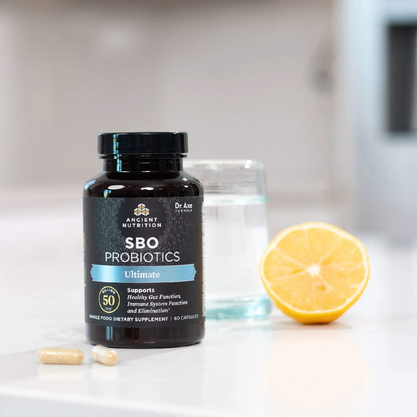 a bottle of SBO Probiotics on a counter
