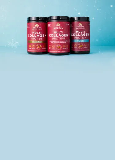 3 bottles of Multi Collagen Protein on a light blue background