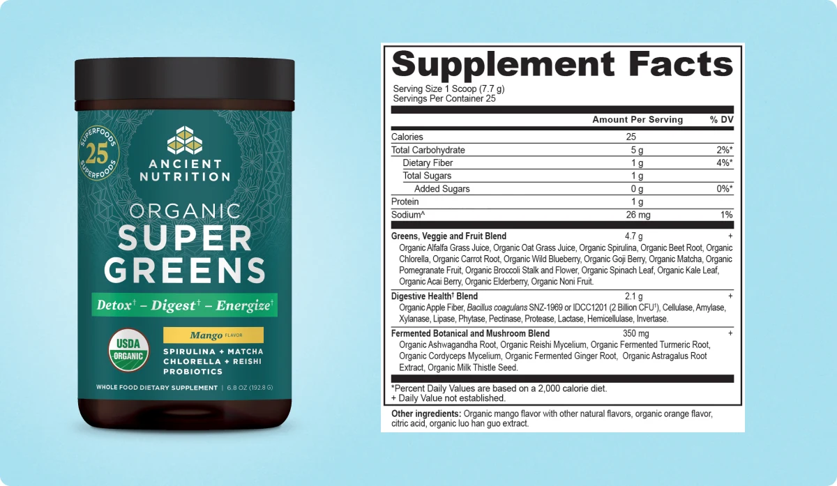 supergreens mango supplement label