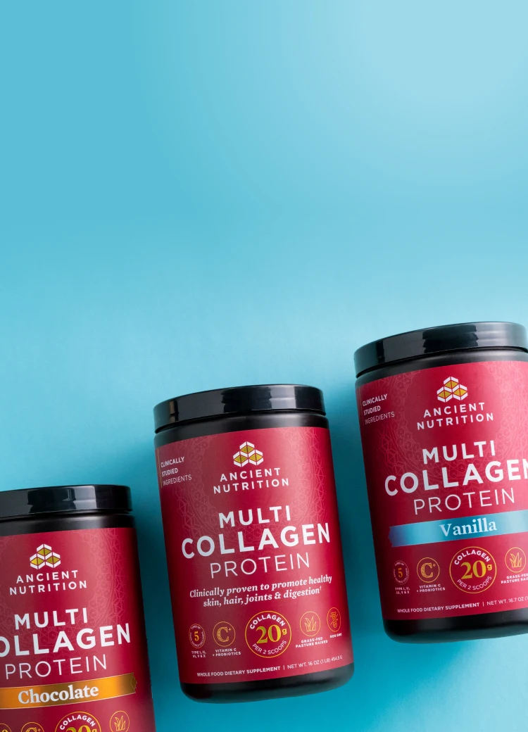 3 bottles of multi collagen protein on a light blue background 