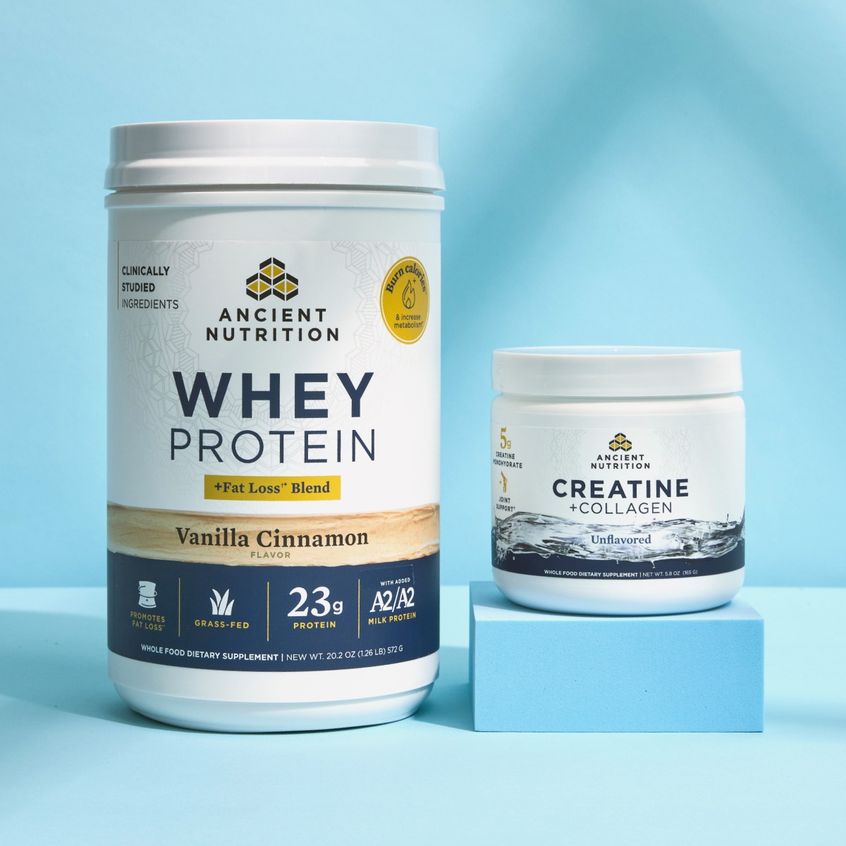Whey + Fat Loss and Creatine with blue background