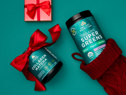 Collagen Matcha + Organic Supergreens berry with red bows. 