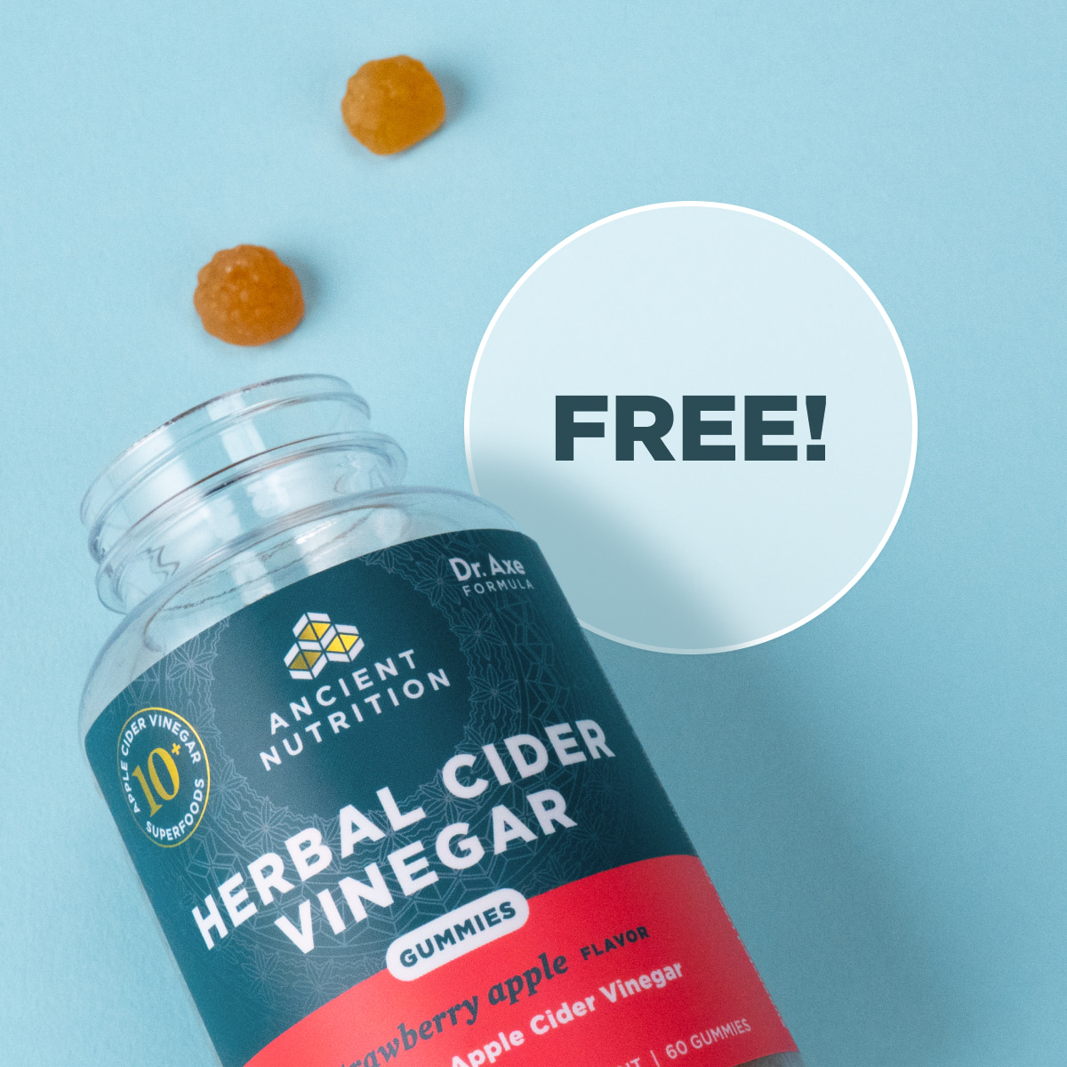 bottle of herbal cider vinegar gummies with the word "free"