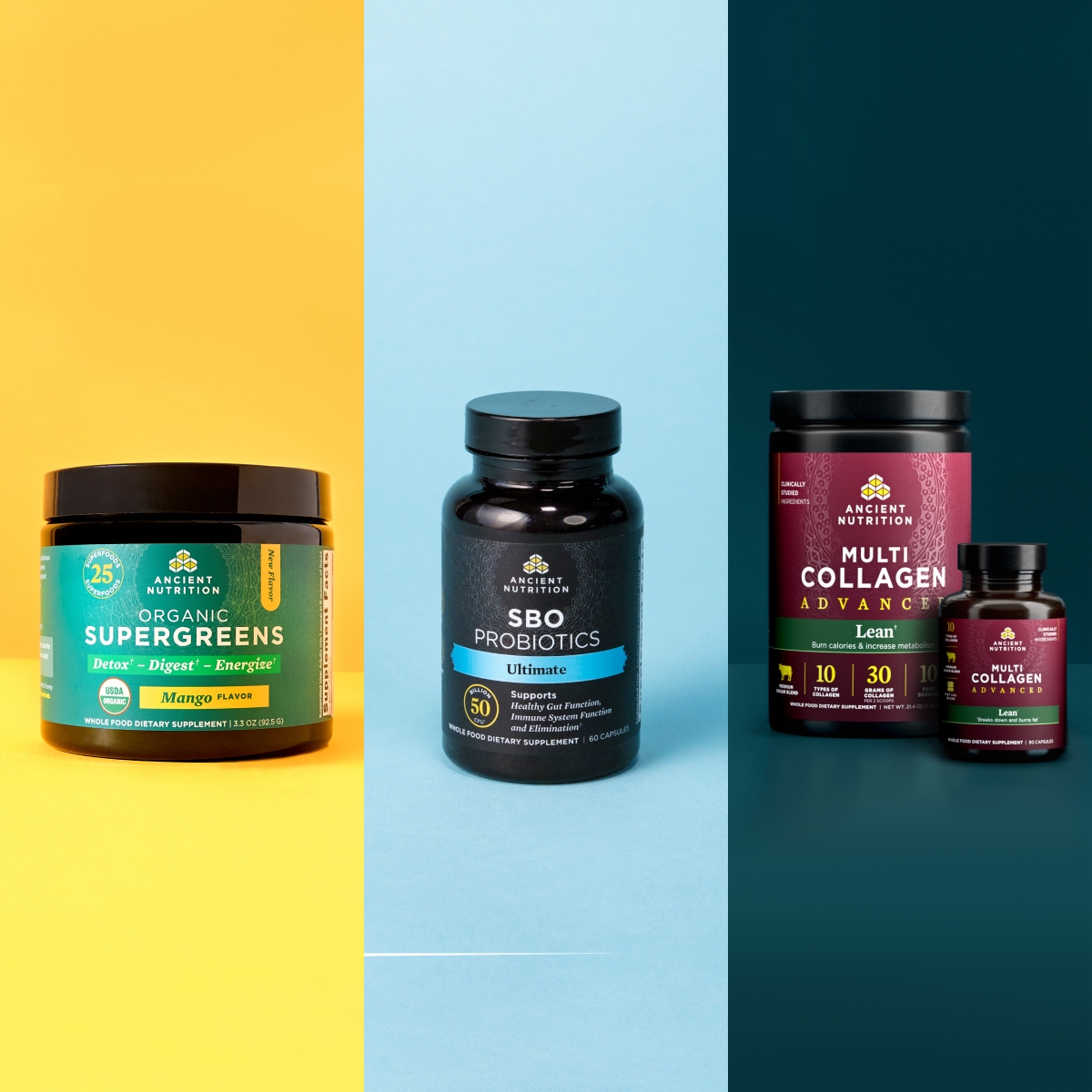 Containers of Ancient Nutrition Organic SuperGreens Mango, SBO Probiotics Ultimate, and Multi Collagen Advanced Lean Capsules and Powder on a yellow, blue, and green background.