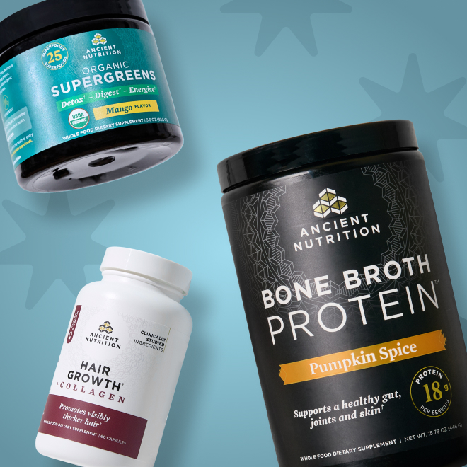supergreens, hair growth capsules, and bone broth protein