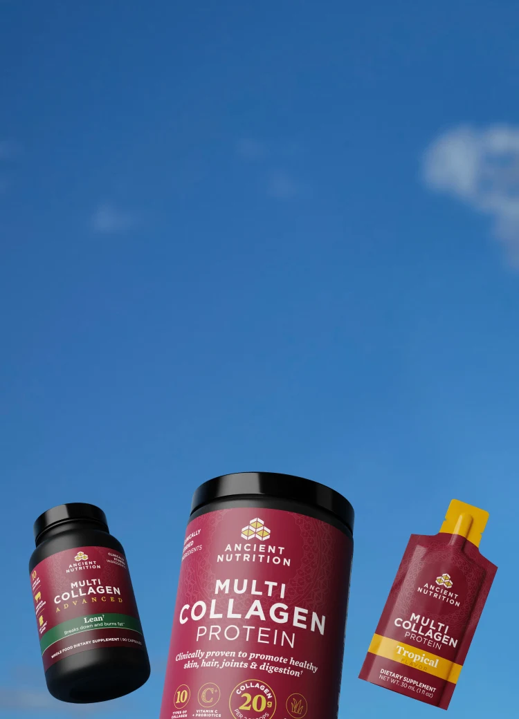 Ancient Nutrition product bottles on a red background