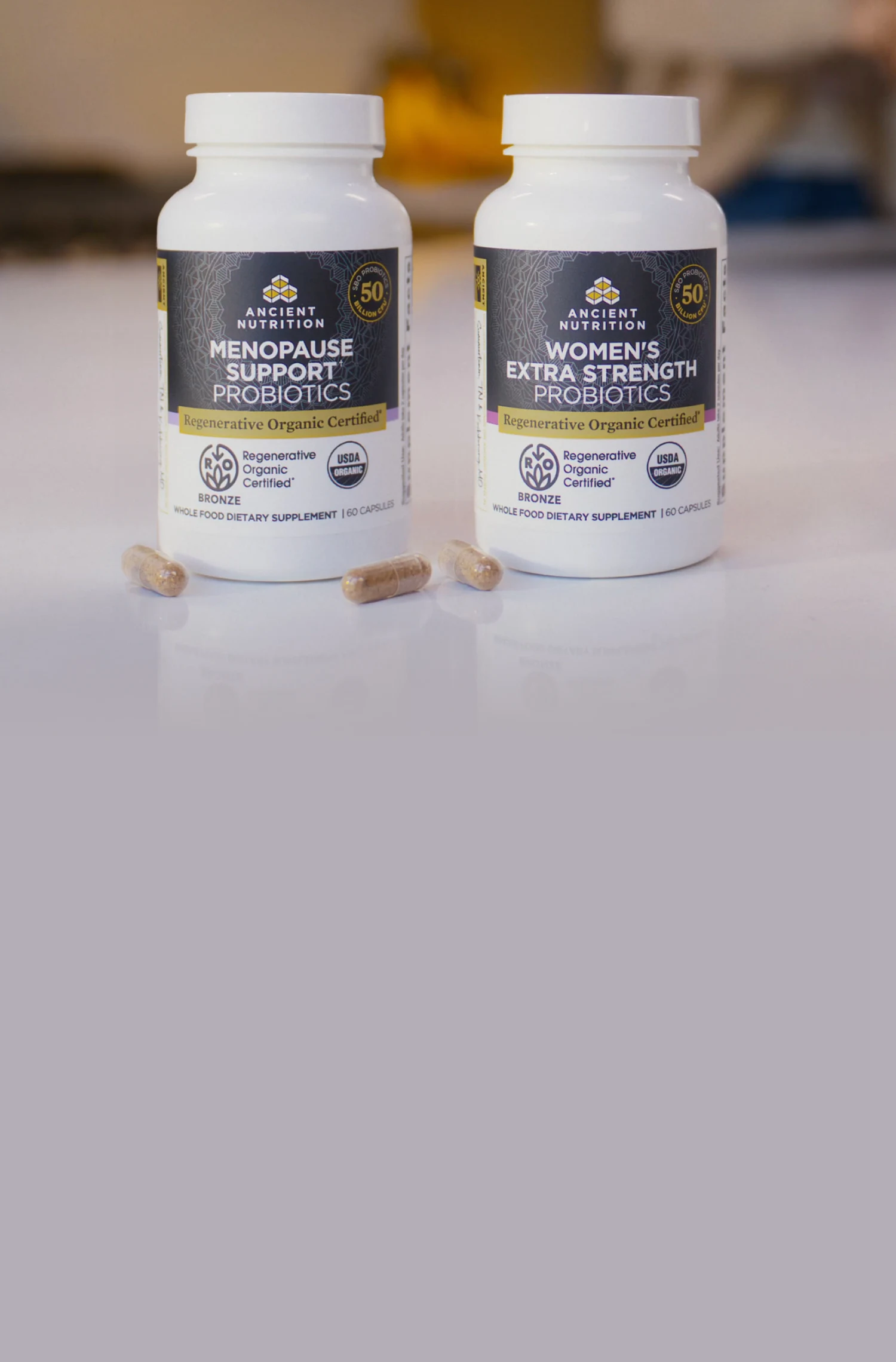 2 supplement bottles on a kitchen counter