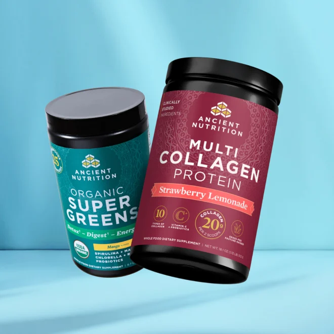two ancient nutrition items on a blue background