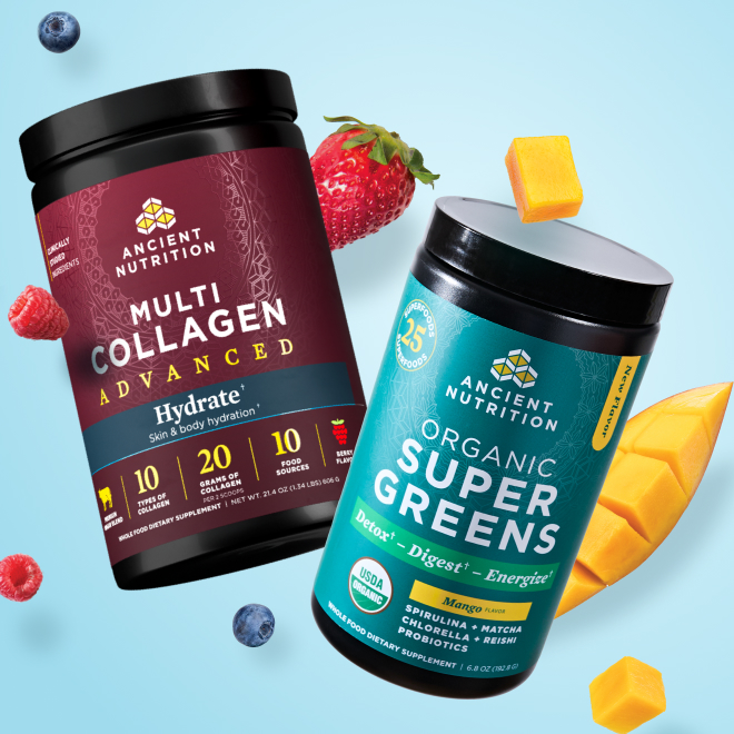 Containers of Ancient Nutrition Multi Collagen Advanced Hydrate and New Organic SuperGreens Powder Mango with berries and mango chunks on a blue background