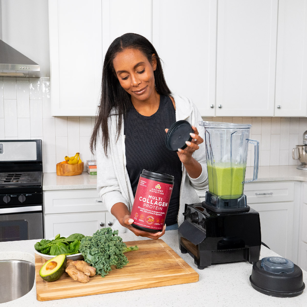 a woman making a smoothie