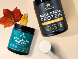 Collagen Matcha & Bone Broth protein with fall leaves