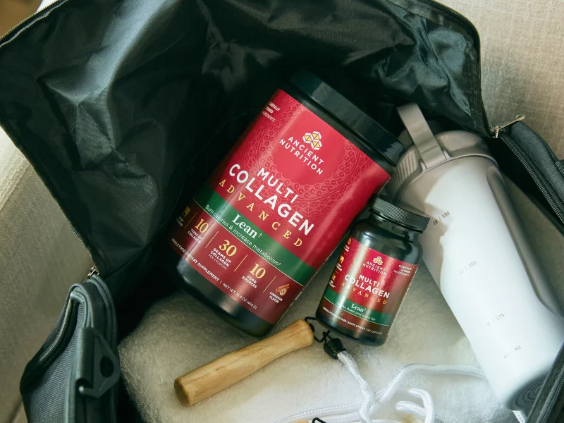 multi collagen protein powder lean in a gym bag