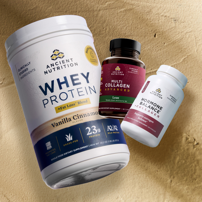Whey + Fat Loss, Multi Collagen Lean capsules, and Hormone Balance Capsules