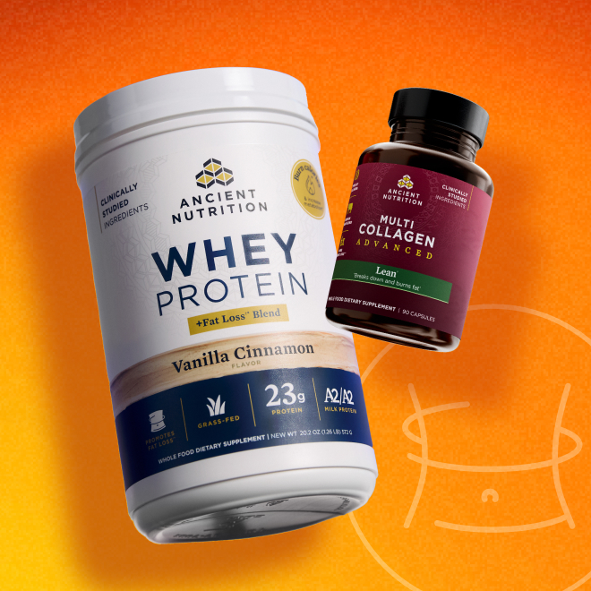 a bottle of whey protein and multi collagen advanced lean capsules on an orange background