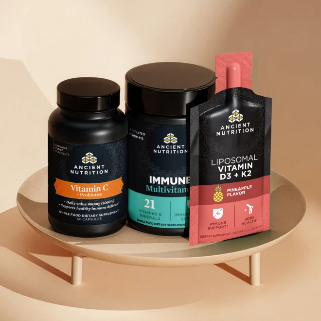 three ancient nutrition items on a tan background