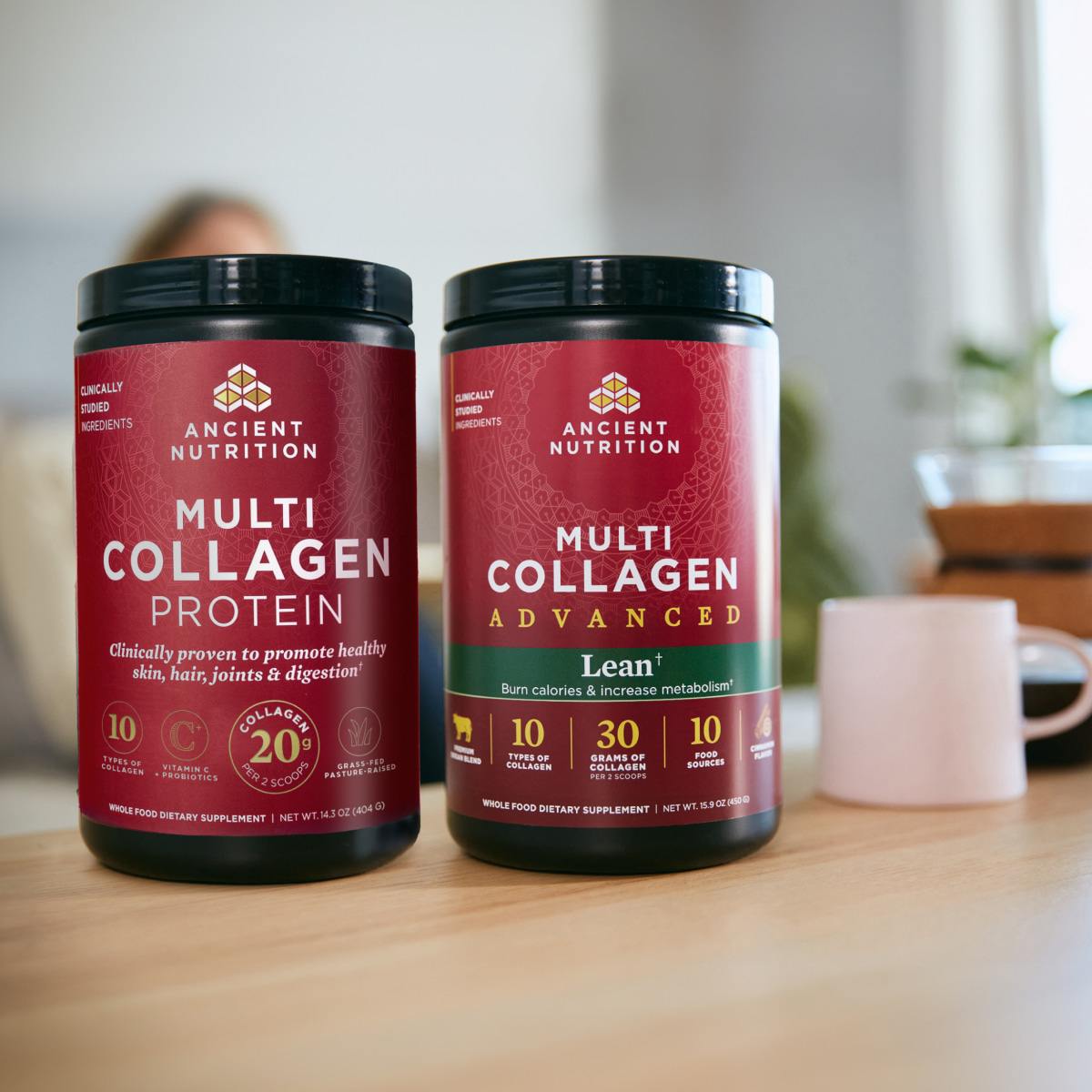 Multi collagen protein and multi collagen advanced lean powder bottles