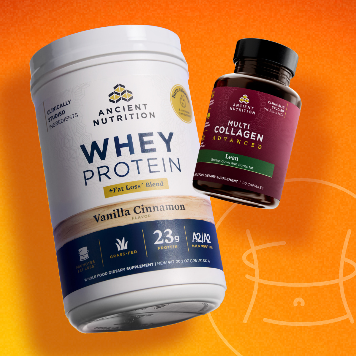 a bottle of whey protein and multi collagen advanced lean capsules on an orange background