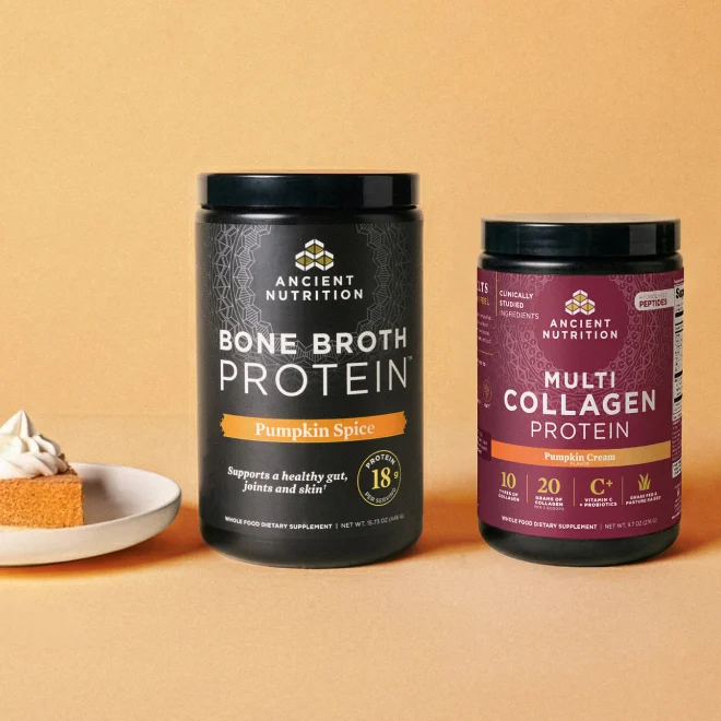two ancient nutrition items on a orange background 