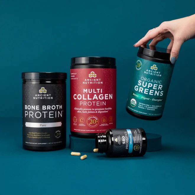Ancient Nutrition products on a blue background