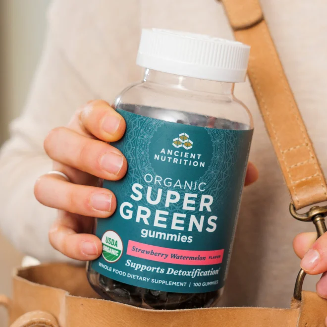 bottle of organic supergreens gummies