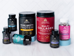 Bottles of Ancient Nutrition Multis, SBOs, Organic SuperGreens Tablets, Bone Broth Protein Savory, Multi Collagen Protein, Zinc, and SBO Gummies on a white background