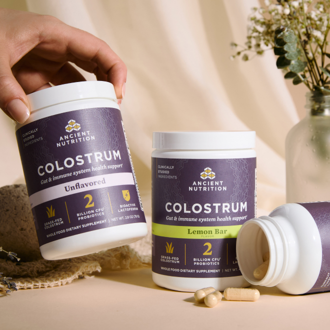 three colostrum products with a plant