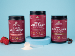 3 bottles of Ancient Nutrition multi collagen protein on a blue background