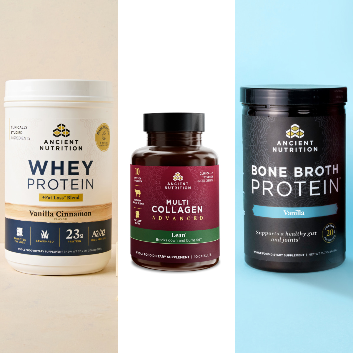 Whey protein, multi collagen lean, and bone broth vanilla 