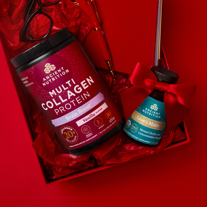 Multi Collagen protein boost powder and lions mane in a red box 